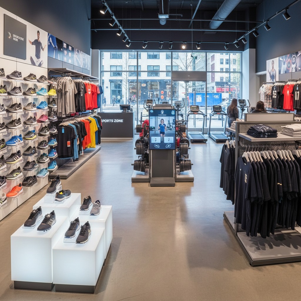 Modern sports store interior with rows of athletic footwear on illuminated wall displays and glowing pedestals.