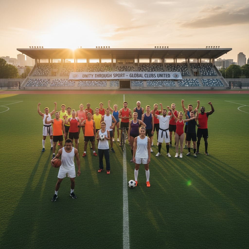 A diverse group of athletes wearing sports gear stands on a large green field in front of a stadium during sunset.